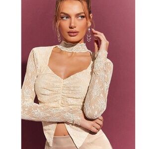 Elegant High Neck Lace Cutout Asymmetrical Long Sleeve Top